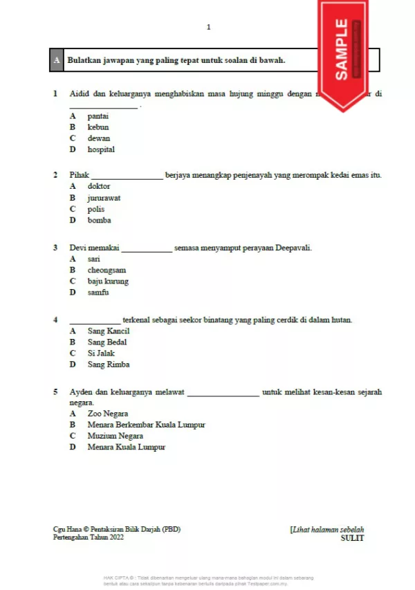 Kertas Soalan PBD Tahun 2 Pertengahan 2022