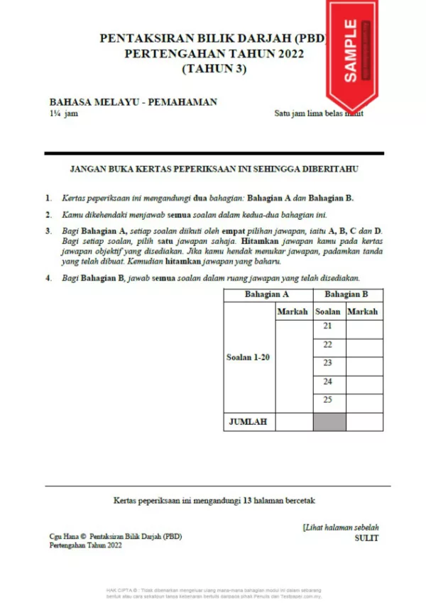 Kertas Soalan PBD Tahun 3 Pertengahan 2022