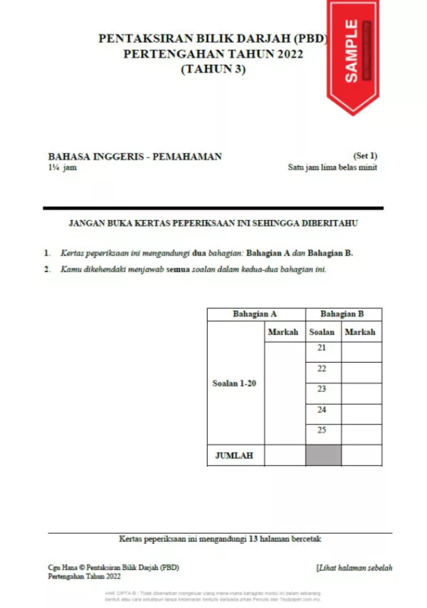 Kertas Soalan PBD Tahun 3 Pertengahan 2022