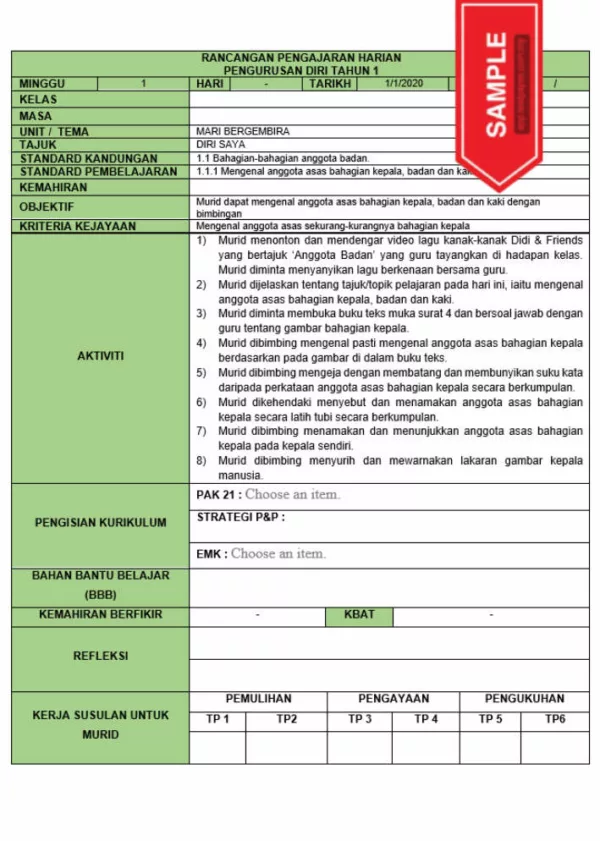 RPH dan RPT PPKI Pengurusan Diri Tahun 1 TS25