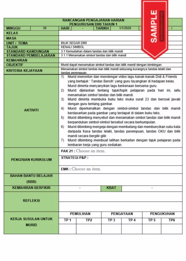 RPH dan RPT PPKI Pengurusan Diri Tahun 1 TS25