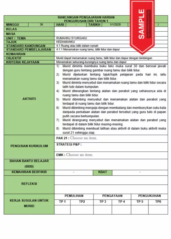 RPH dan RPT PPKI Pengurusan Diri Tahun 1 TS25