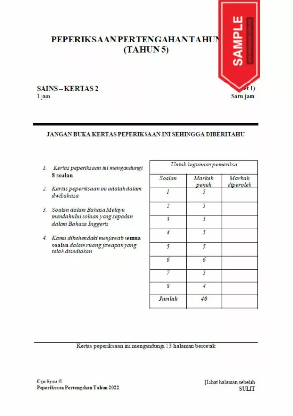 Soalan Ujian Pertengahan Tahun 2022 Tahun 5