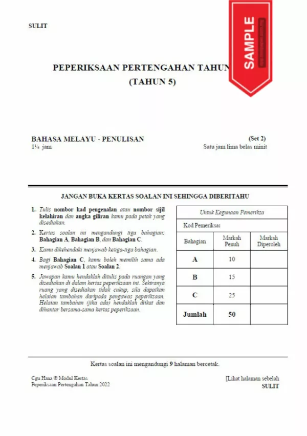 Soalan Ujian Pertengahan Tahun 2022 Tahun 5