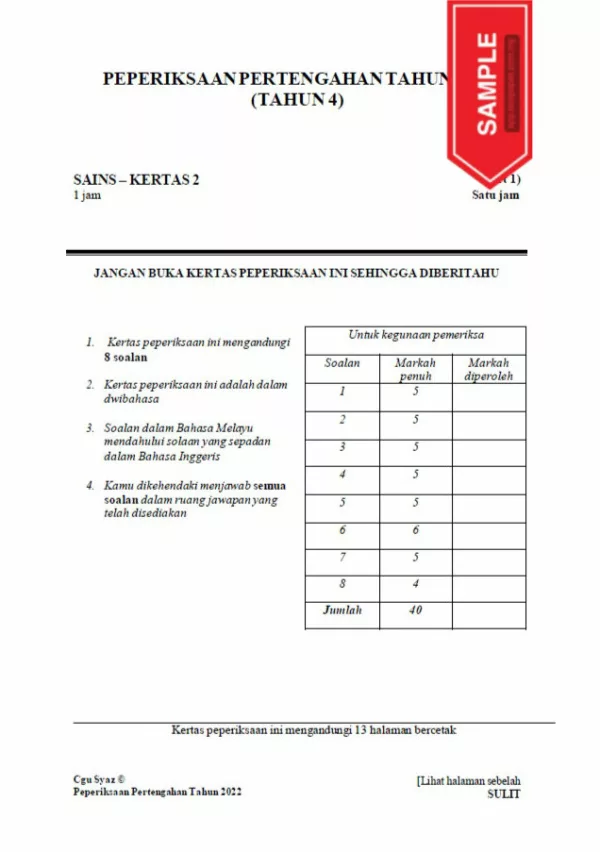 Soalan Ujian Pertengahan Tahun 2022 Tahun 4