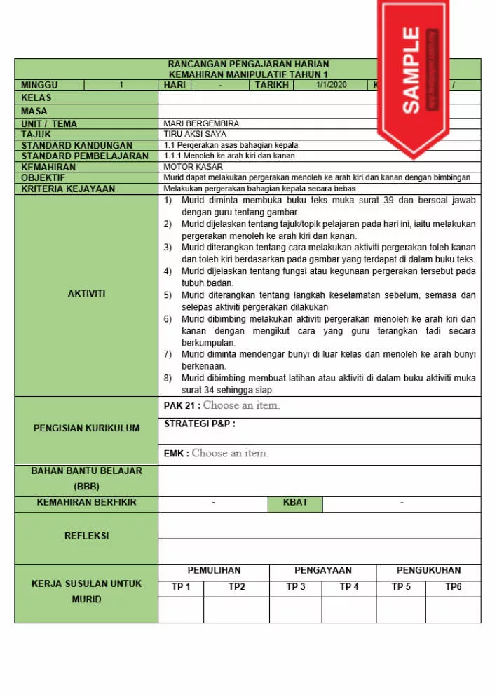 RPH dan RPT PPKI Kemahiran Manipulatif Tahun 1 TS25