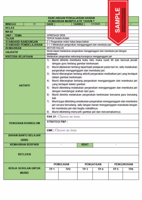 RPH dan RPT PPKI Kemahiran Manipulatif Tahun 1 TS25