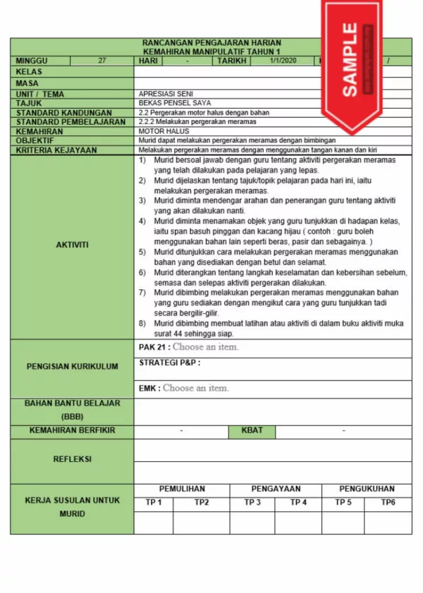 RPH dan RPT PPKI Kemahiran Manipulatif Tahun 1 TS25