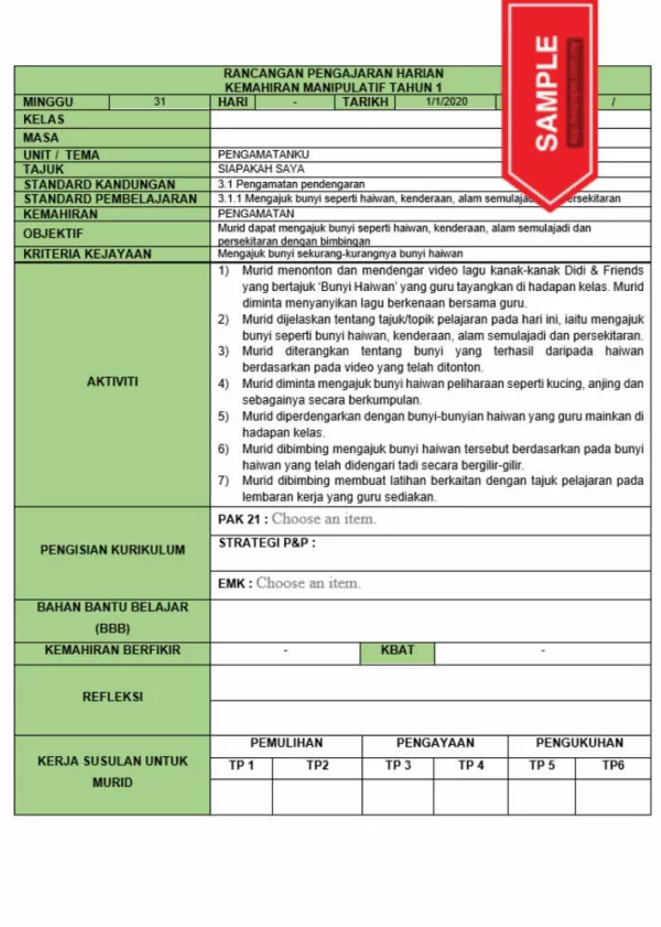 RPH dan RPT PPKI Kemahiran Manipulatif Tahun 1 TS25