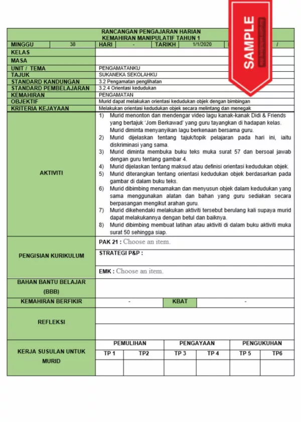 RPH dan RPT PPKI Kemahiran Manipulatif Tahun 1 TS25