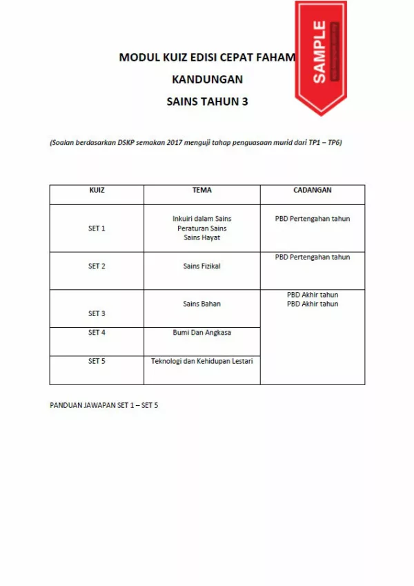 Soalan PBD Kuiz Sains Tahun 3 KSSR