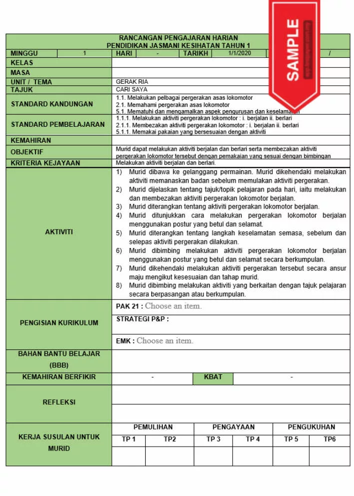 RPH dan RPT PPKI Jasmani Kesihatan Tahun 1 TS25