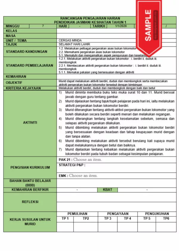 RPH dan RPT PPKI Jasmani Kesihatan Tahun 1 TS25