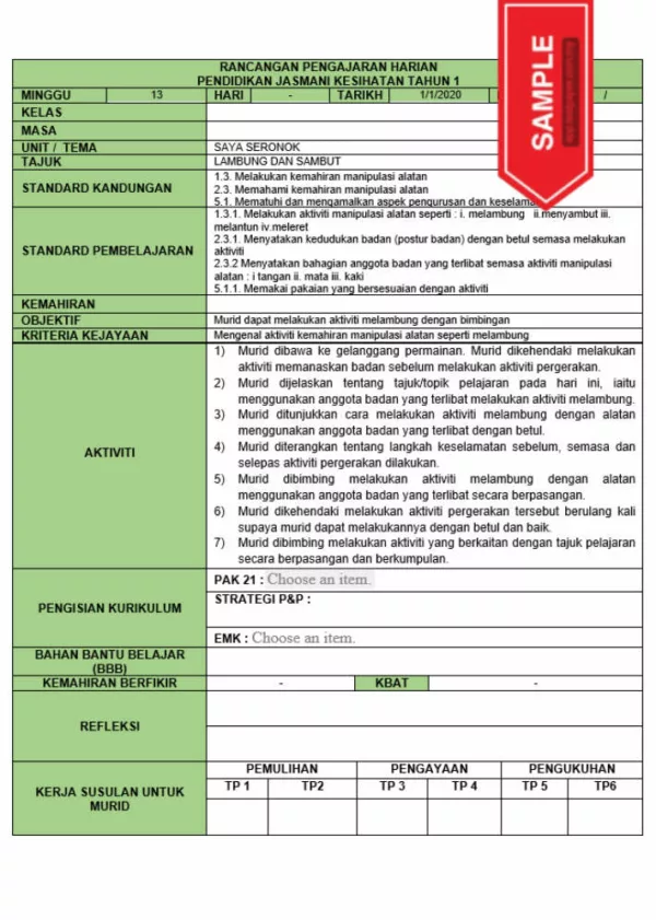 RPH dan RPT PPKI Jasmani Kesihatan Tahun 1 TS25