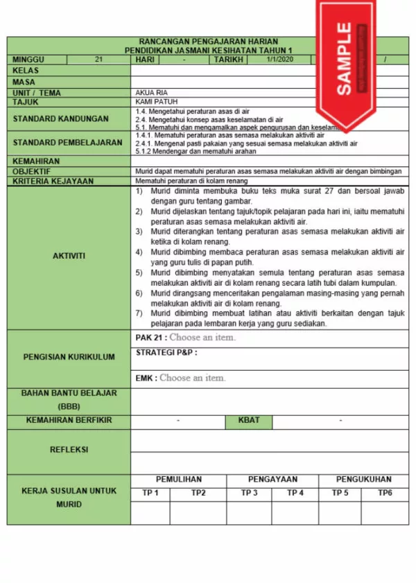 RPH dan RPT PPKI Jasmani Kesihatan Tahun 1 TS25