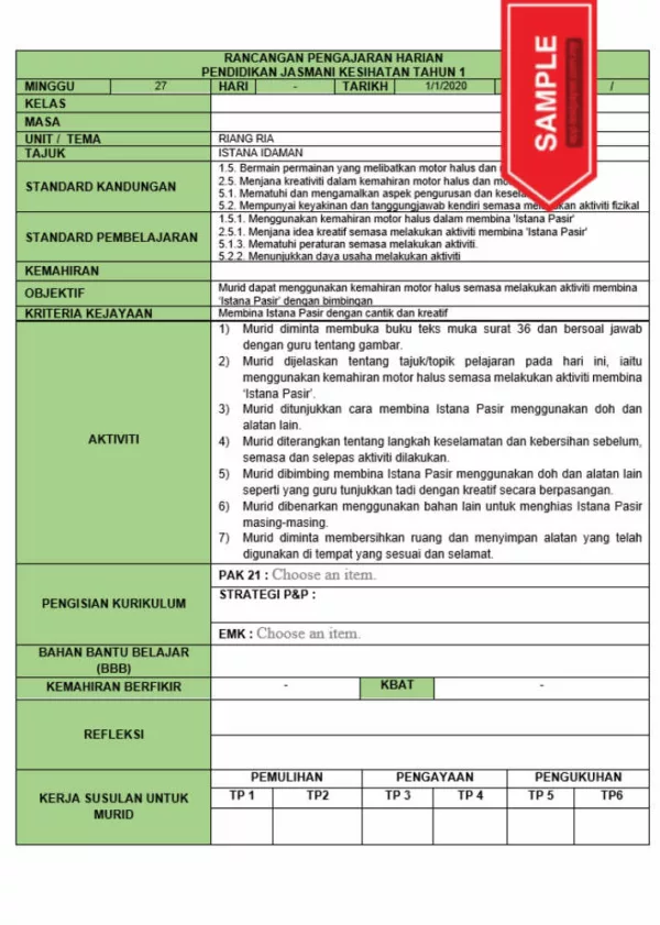 RPH dan RPT PPKI Jasmani Kesihatan Tahun 1 TS25