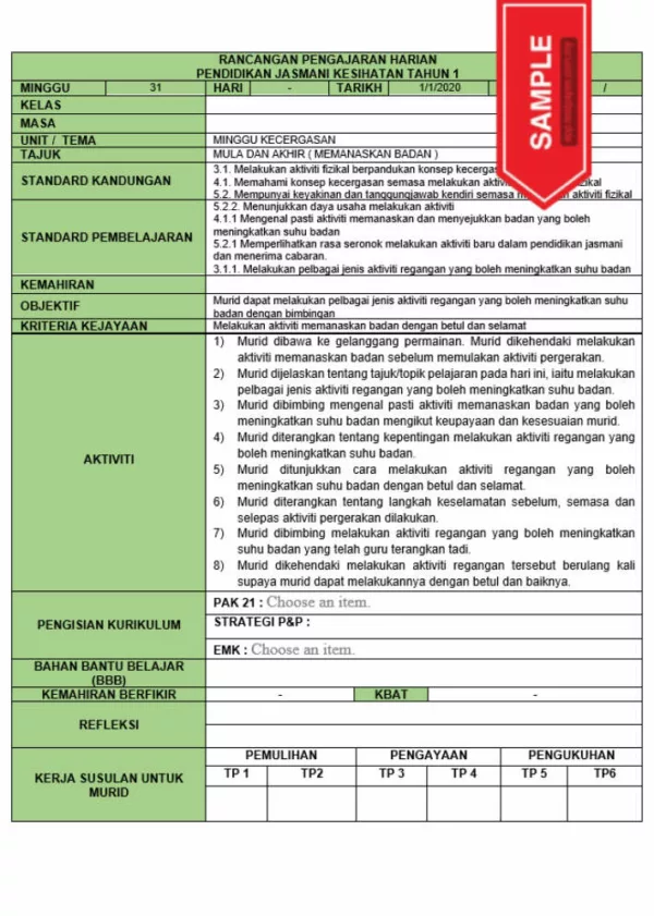 RPH dan RPT PPKI Jasmani Kesihatan Tahun 1 TS25