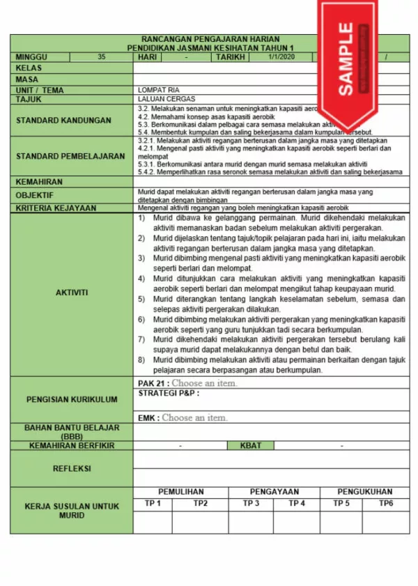 RPH dan RPT PPKI Jasmani Kesihatan Tahun 1 TS25