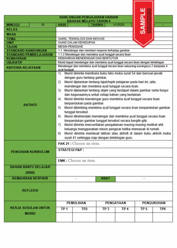 RPH dan RPT PPKI Bahasa Melayu Tahun 4 TS25