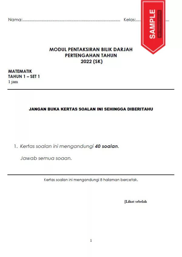 Soalan Ujian Sumatif Matematik Tahap 1 2022