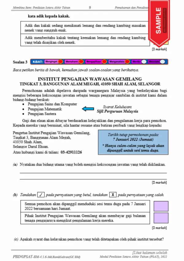 Soalan PBD Bahasa Melayu 2022