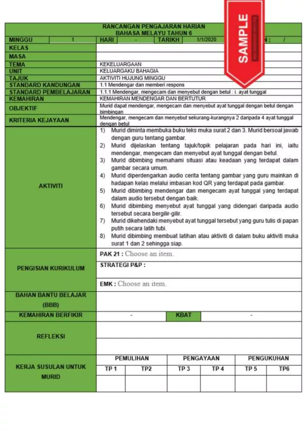 RPH dan RPT PPKI Bahasa Melayu Tahun 6 TS25