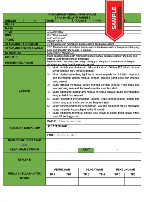 RPH dan RPT PPKI Bahasa Melayu Tahun 6 TS25