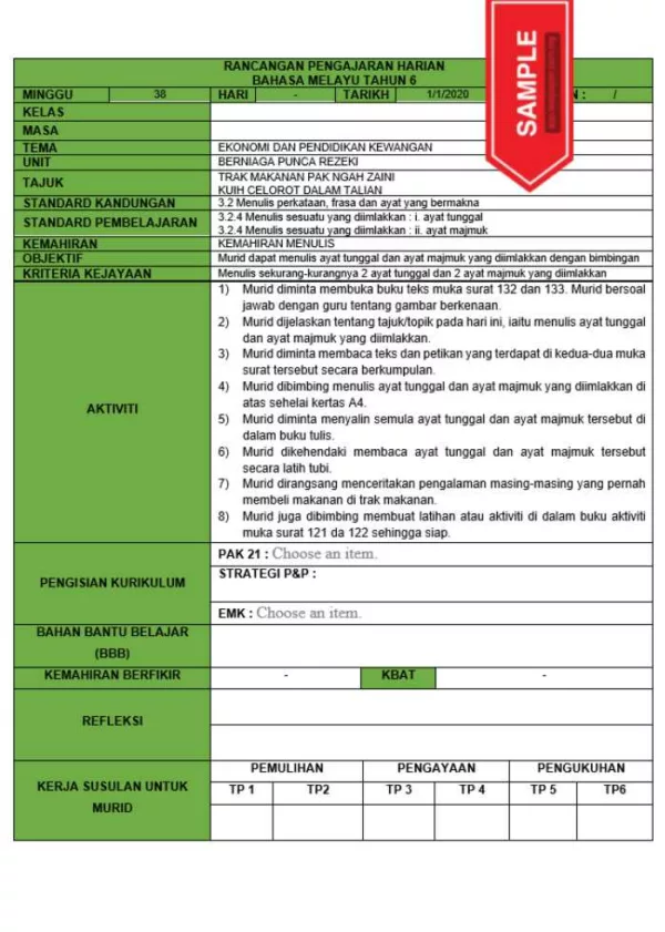 RPH dan RPT PPKI Bahasa Melayu Tahun 6 TS25