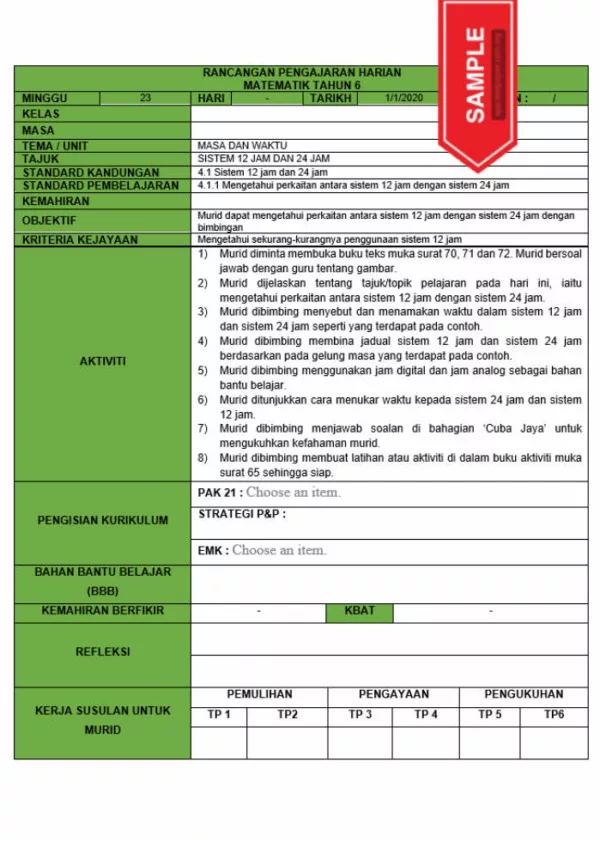 RPH dan RPT PPKI Matematik Tahun 6 TS25