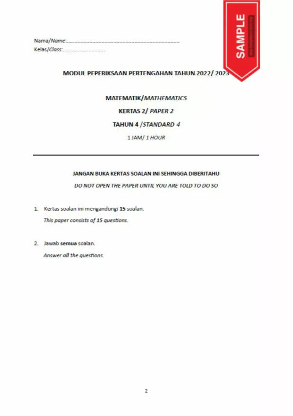 Soalan Ujian Sumatif Matematik Tahap 2 2022