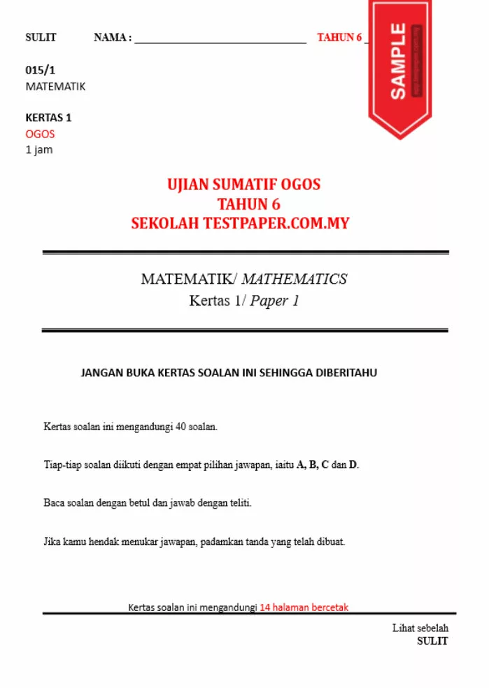 Template Contoh Kertas Soalan Matematik