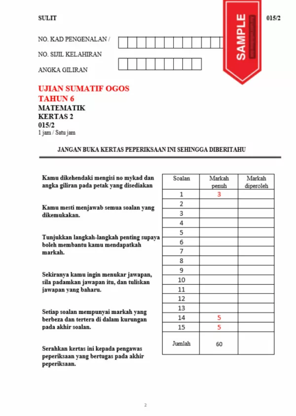 Template Contoh Kertas Soalan Matematik