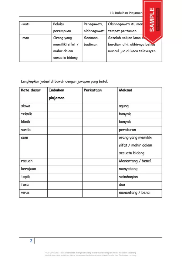 Soalan Latih Tubi Bahasa Melayu Tahap 2