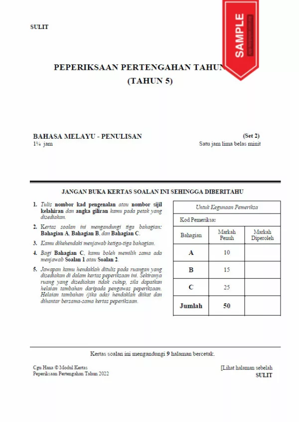 Soalan Ujian Pertengahan Tahun BM Tahun 5 2022