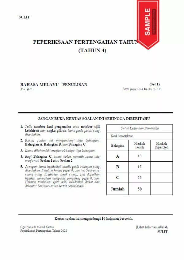 Soalan Ujian Pertengahan Tahun BM Tahun 4 2022