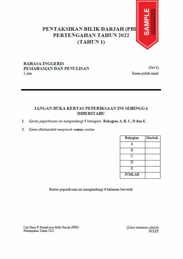 Soalan Ujian Pertengahan Tahun BI Tahun 1 2022