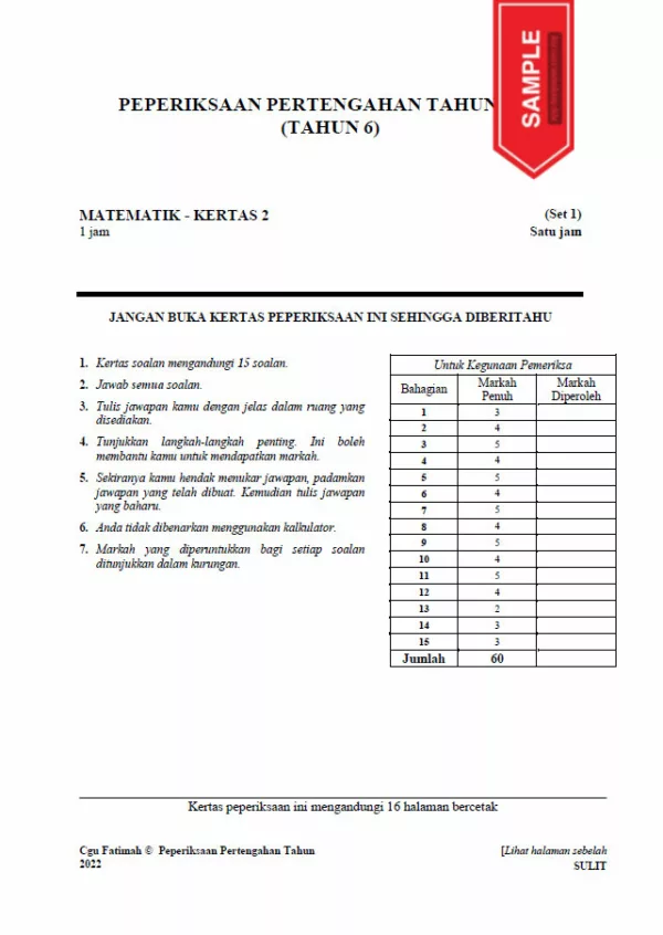 Soalan Ujian Pertengahan Tahun Matematik Tahun 6 2022