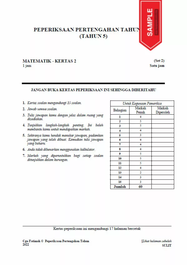 Soalan Ujian Pertengahan Tahun Matematik Tahun 5 2022