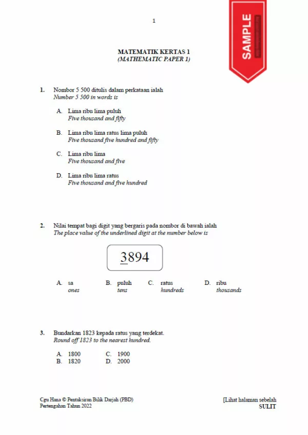 Soalan Ujian Pertengahan Tahun Matematik Tahun 3 2022