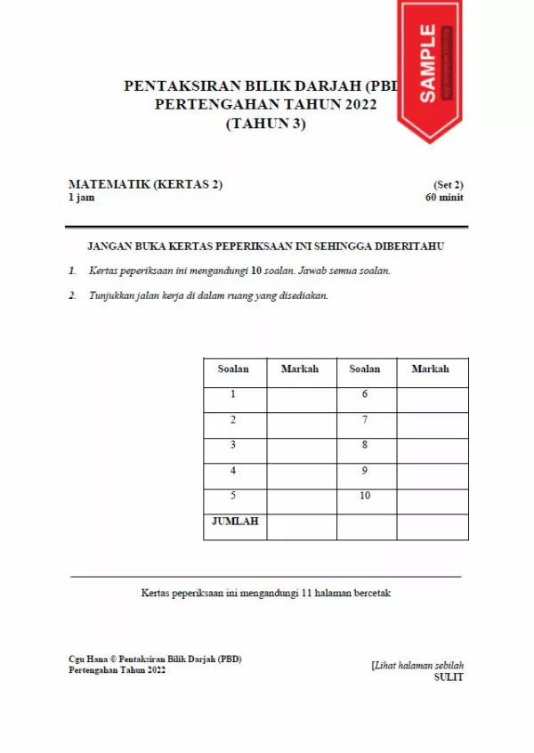 Soalan Ujian Pertengahan Tahun Matematik Tahun 3 2022