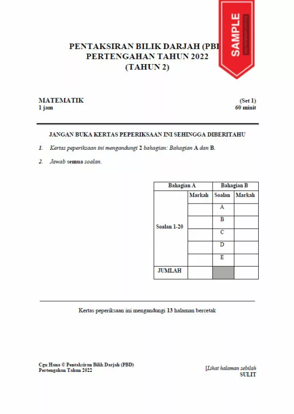 Soalan Ujian Pertengahan Tahun Matematik Tahun 2 2022