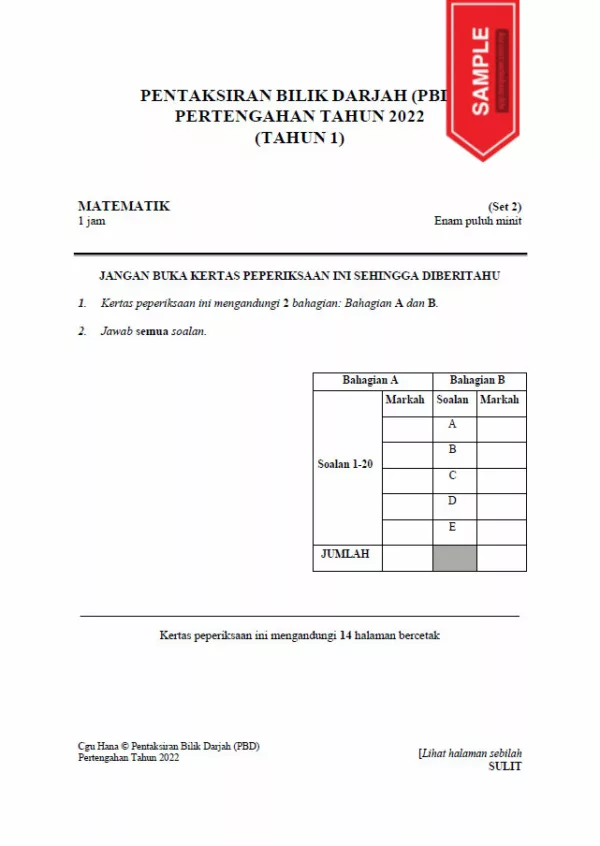 Soalan Ujian Pertengahan Tahun Matematik Tahun 1 2022