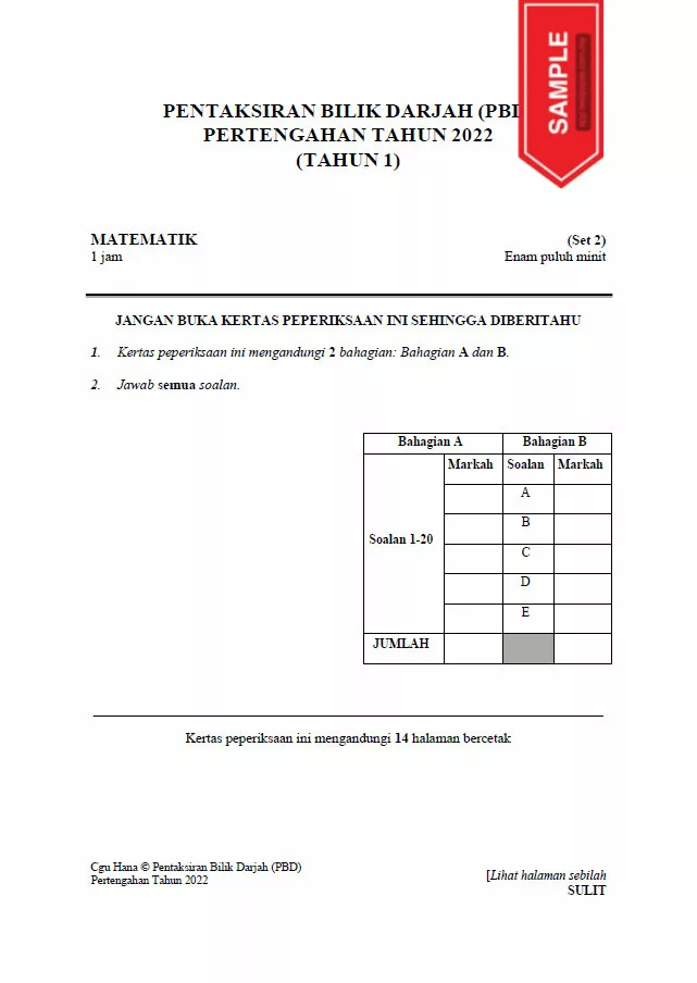 Soalan Ujian Pertengahan Tahun Matematik Tahun 1 2022