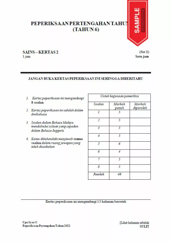 Soalan Ujian Pertengahan Tahun Sains Tahun 6 2022