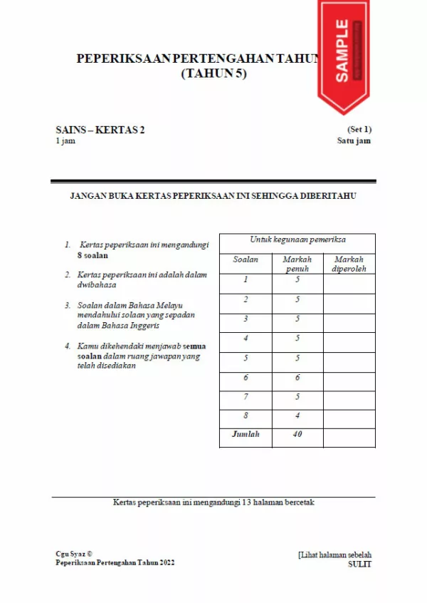 Soalan Ujian Pertengahan Tahun Sains Tahun 5 2022