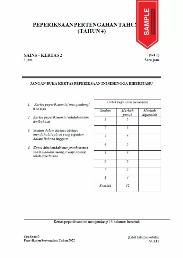 Soalan Ujian Pertengahan Tahun Sains Tahun 4 2022