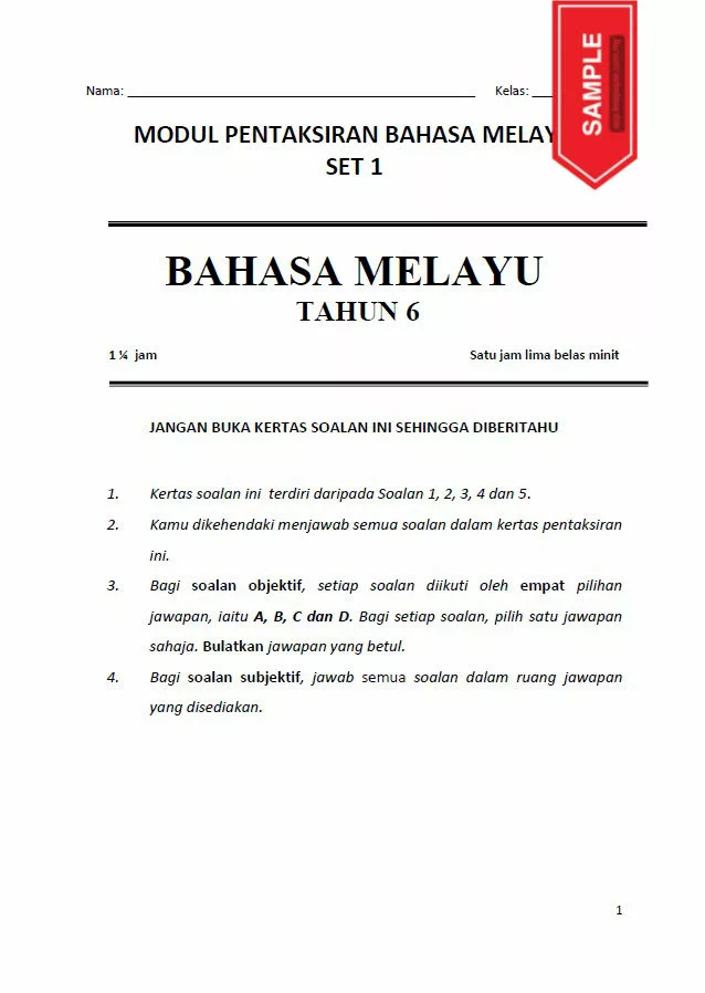 Soalan Latihan Ujian Bahasa Melayu Tahun 6 KSSR