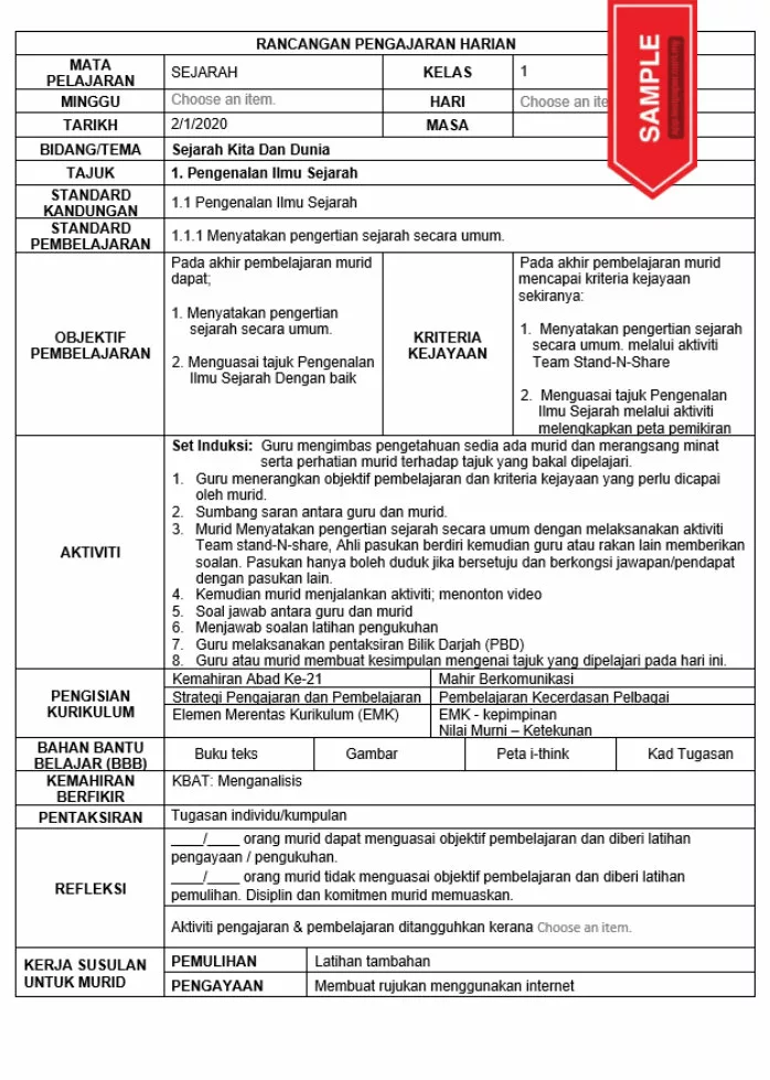 RPH dan RPT Sejarah Tingkatan 1 KSSM