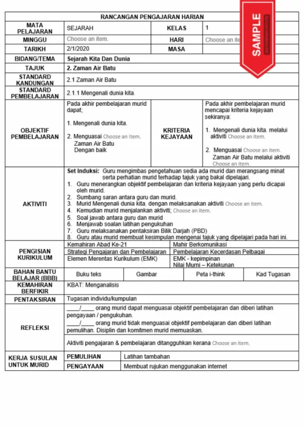 RPH dan RPT Sejarah Tingkatan 1 KSSM