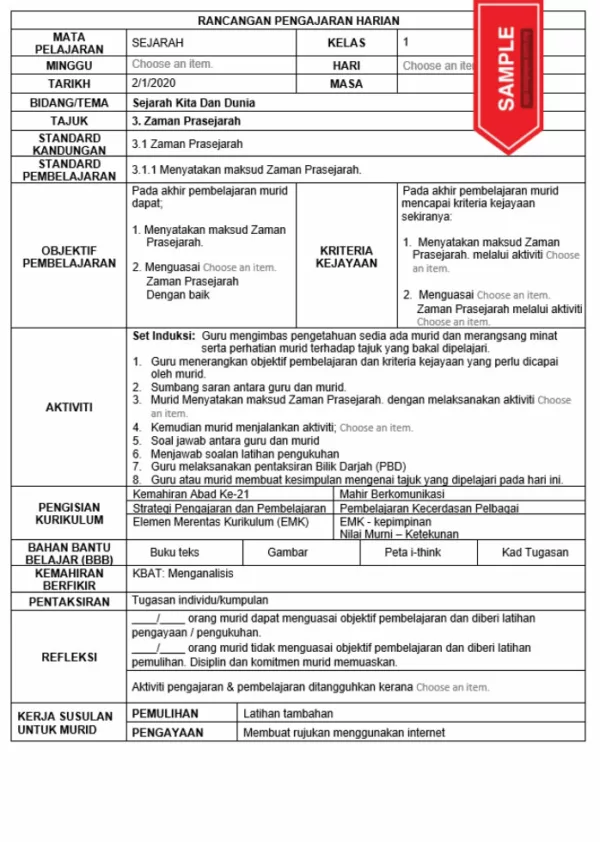 RPH dan RPT Sejarah Tingkatan 1 KSSM